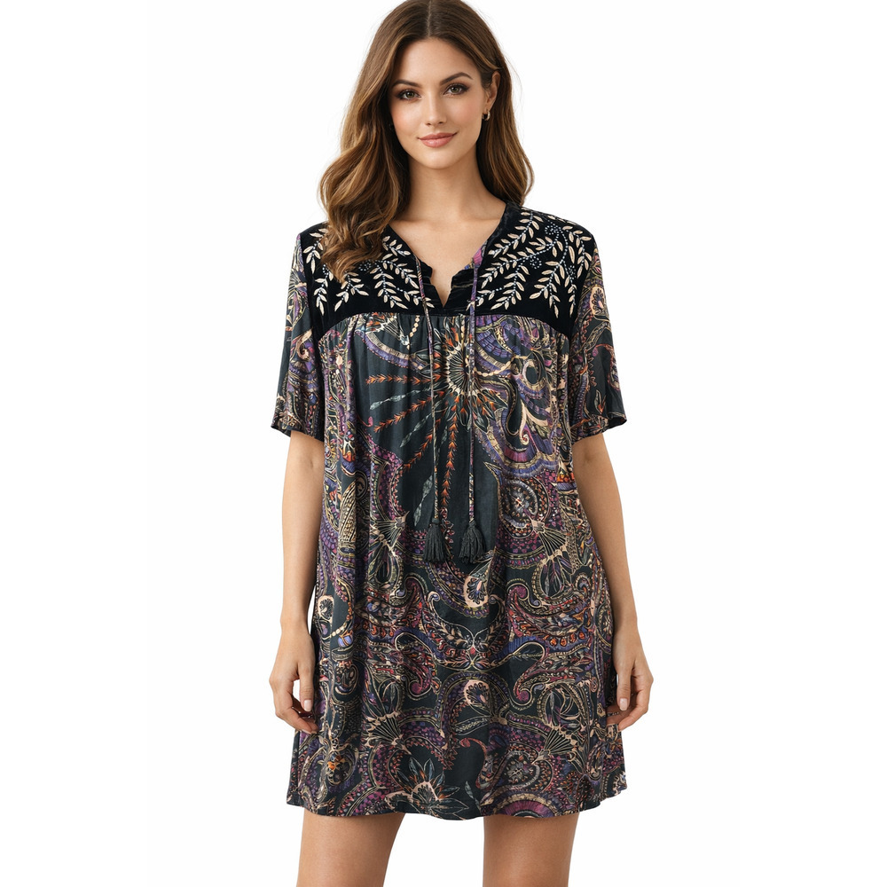 Johnny Was Workshop Tunic Dress Size XS Paisley Velvet Silk Blend Tassel Boho